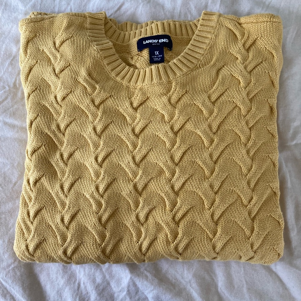 Lands End Drifter Sweater 100% Cotton Light Buttery Yellow 1X (16W-18W)